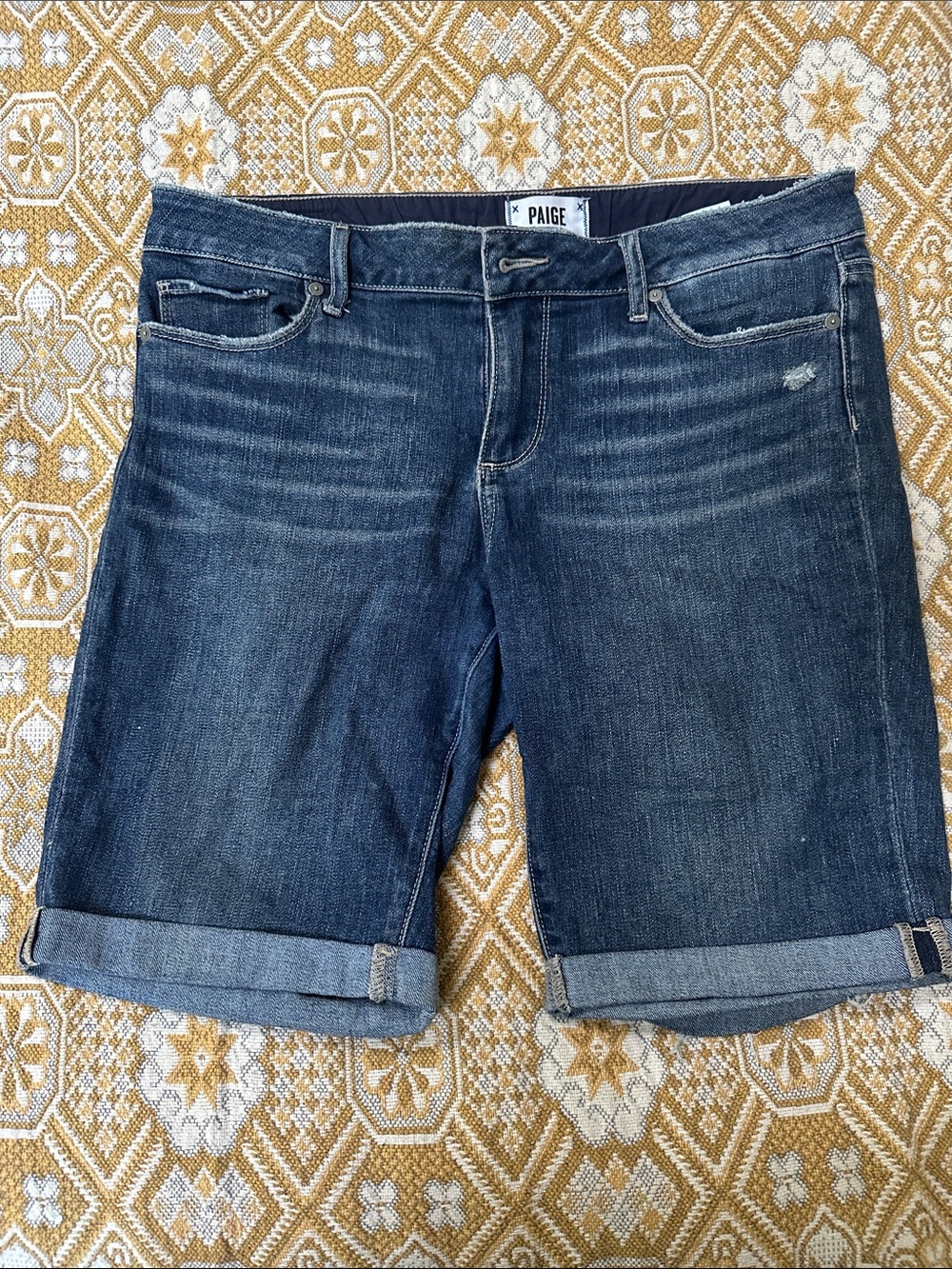 PAIGE Dark Blue Rolled Cuff Denim Bermuda Shorts